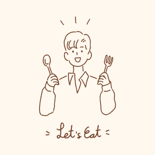 Young man holding spoon and fork with Let's Eat handwritten lettering, eating dining concept, hand-drawn style vector illustration. Young man holding spoon and fork with Let's Eat handwritten lettering, eating dining concept, hand-drawn style vector illustration. breakfast clipart stock illustrations