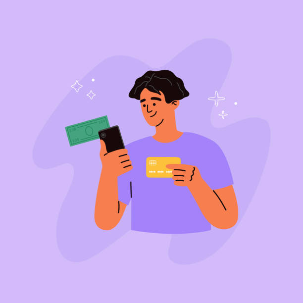 Young man holds credit card, phone and banknote. Payment online via mobile vector art illustration