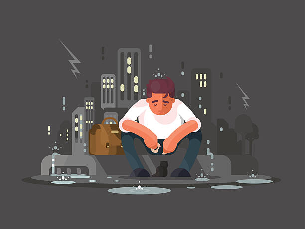 Young man in depression Young man sitting on curb in depression in rain. Vector illustration depression sadness stock illustrations