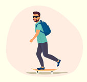 Young man in sunglasses riding a skateboard isolated. Vector flat style illustration