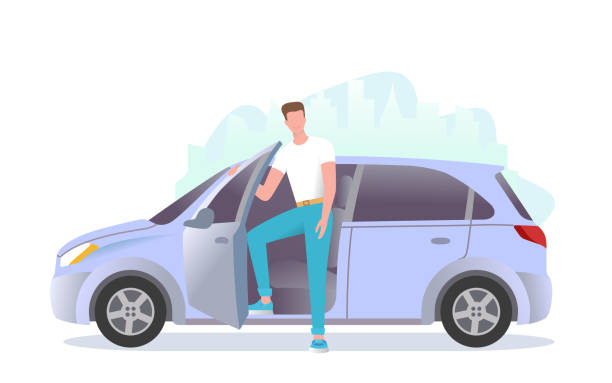 A young man is standing next to the car. A guy is getting into the car. A young man is standing next to the car. A guy is getting into the car. A driver is ready to move off in a car. Vector illustration. teen driving stock illustrations