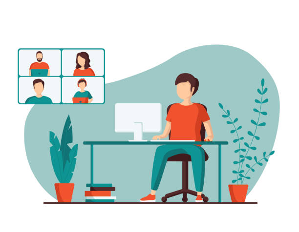 A young man is talking with colleagues using a video call. Concept of online conference from home. Remote work, webinar or distance learning. Vector illustration in a flat style. A young man is talking with colleagues using a video call. Concept of online conference from home. Remote work, webinar or distance learning during quarantine. Vector illustration in a flat style. office clipart stock illustrations