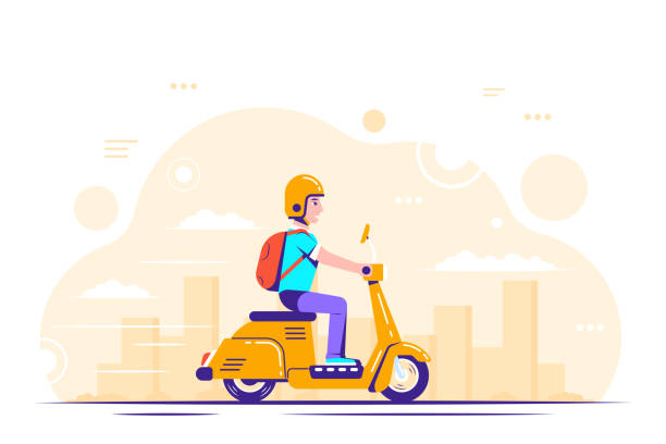illustrazioni stock, clip art, cartoni animati e icone di tendenza di giovane in scooter, illustrazione in stile piatto - electric scooter