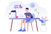 Young man or freelancer sitting on her a desk with cat and working online with a laptop at home illustration. Social distancing and self-isolation during corona virus quarantine. Vector illustration