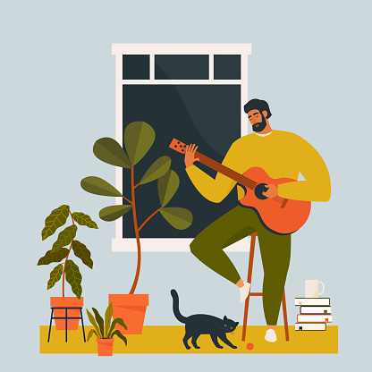 A young man playing guitar at home.  Guitarist musician is sitting in quarantine alone. Flat vector illustration.