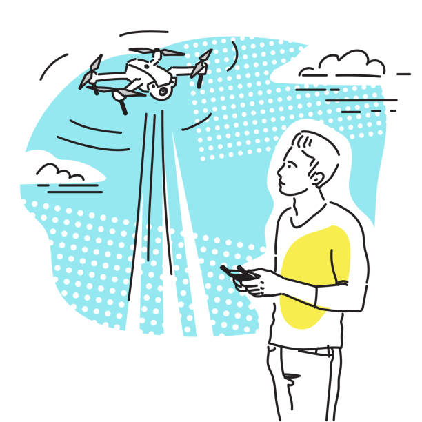 Young man playing with a drone or a quadcopter. Colorful hand drawned illustration. Young man playing with a drone or a quadcopter. Colorful hand drawned illustration. drone drawings stock illustrations