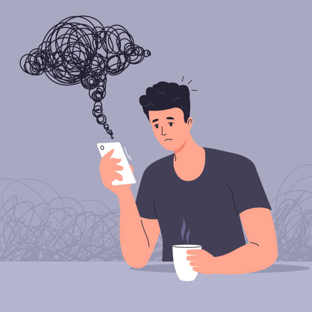 Young man reads bad news on smartphone and is sad. Upset man looking at smartphone screen. The negative influence of social media. Depressed mood. Vector illustration vector art illustration