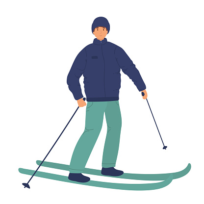 Young man riding on skis on snow, winter. Flat vector illustration in cartoon style. sport