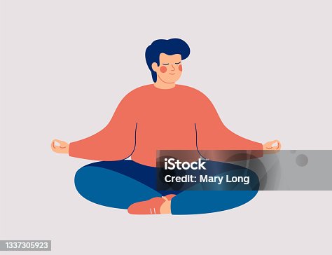 istock Young man sits with cross-legged on the floor and meditates with closed eyes. Boy makes morning yoga, relaxes at home or breathing exercises. 1337305923