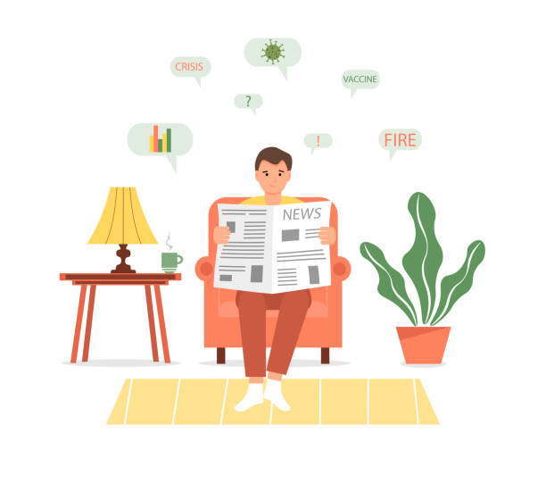 illustrazioni stock, clip art, cartoni animati e icone di tendenza di un giovane seduto su una poltrona sta leggendo un giornale. - young man read newspaper