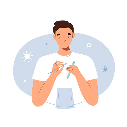 Young man testing himself for covid-19 with nasal swab at home, collecting specimen, rapid PCR test for coronavirus infection, vector carton illustration