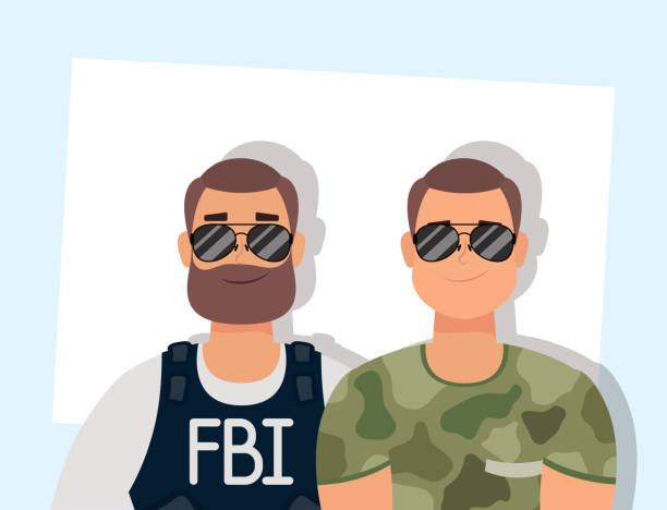 수염 fbi 요원과 군사와 젊은 남자 - fbi stock illustrations