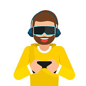 istock Young man with headphones playing virtual 3d reality simulation game. Digital entertainment vector concept. Novelty gaming device, virtual reality next generation game illustration. 1331082812