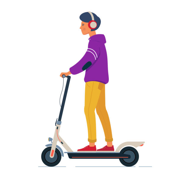 illustrazioni stock, clip art, cartoni animati e icone di tendenza di giovane con le cuffie guida scooter elettrico - electric scooter