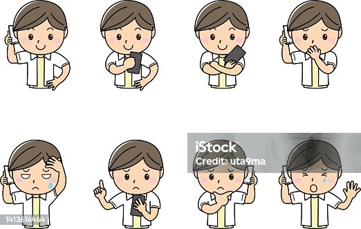 istock A young man with various facial expressions and poses while holding a smartphone / illustration material (vector illustration) 1413616464