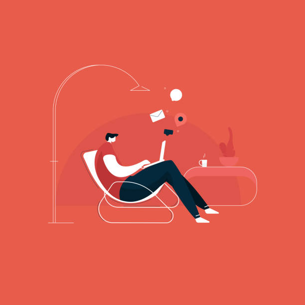 young man working from home illustration, Young man sitting on a chair and using laptop. Freelance, self employed, freedom, in living room, work from home concept vector  free commercial use stock illustrations
