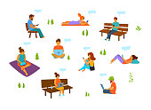 young men and women with mobile phones laptops tablets working chatting texting in the city park isolated vector illustration set