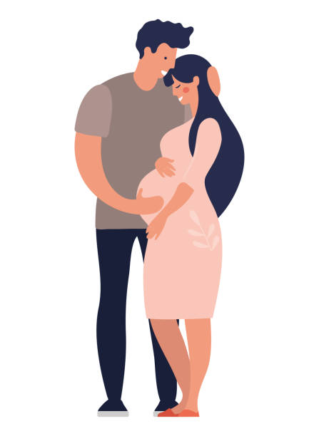Young modern happy family is expecting a baby. A man hugs a pregnant wife. A pregnant girl and a young father are standing. Flat cartoon vector illustration for design. Young modern happy family is expecting a baby. A man hugs a pregnant wife. A pregnant girl and a young father are standing. Flat cartoon vector illustration for design pregnant backgrounds stock illustrations