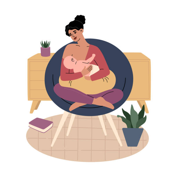 Young mother holding newborn child vector art illustration