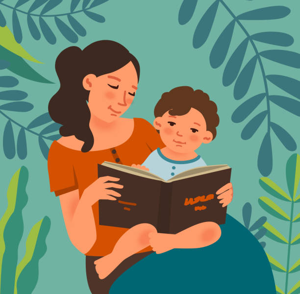 年輕的媽媽帶著嬰兒在花園裡看書。家庭，早期發展，活動，學習。自然景觀背景。暑假插圖。休假時間 - 一個小孩的家庭 幅插畫檔、美工圖案、卡通及圖標