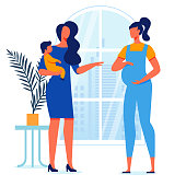 Young Mothers Conversation Vector Illustration. Pregnant Lady and Woman Holding Toddler Cartoon Characters. Girlfriends Talk, Female friendship. Maternity Leave, Feminine Happiness, Motherhood