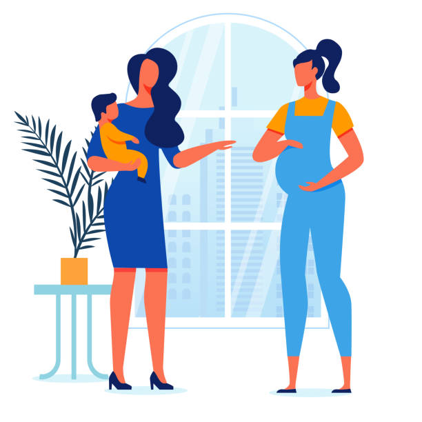 Young Mothers Conversation Vector Illustration Young Mothers Conversation Vector Illustration. Pregnant Lady and Woman Holding Toddler Cartoon Characters. Girlfriends Talk, Female friendship. Maternity Leave, Feminine Happiness, Motherhood pregnant drawings stock illustrations
