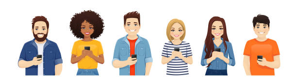 Young multiethnic people with gadgets Multiethnic beautiful young people in casual clothes with gadgets. Asian, african and caucasian students use mobile phones isolated vector illustration black woman using phone stock illustrations