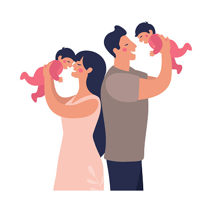 Young parents play with twins. Happy dad and mom hold children in their arms. Flat vector illustration in cartoon style isolated on white background