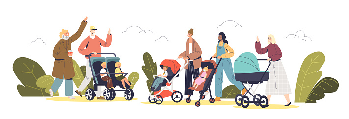 Young parents walking with newborn and preschool kids in carriages and strollers in park