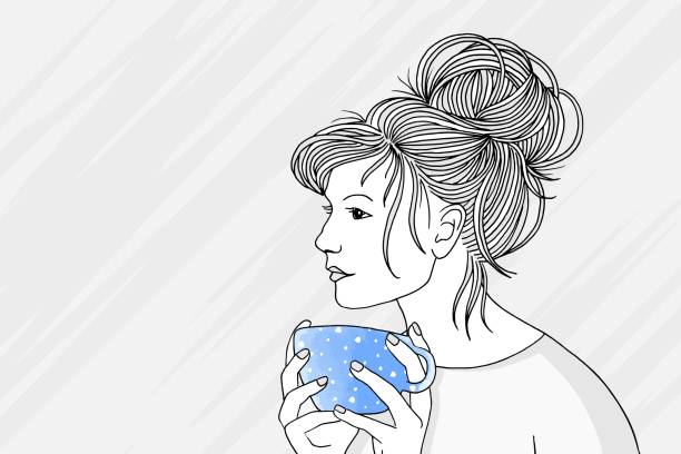 stockillustraties, clipart, cartoons en iconen met jonge peinzende vrouw het houden van een blauwe cup - woman drinking coffee