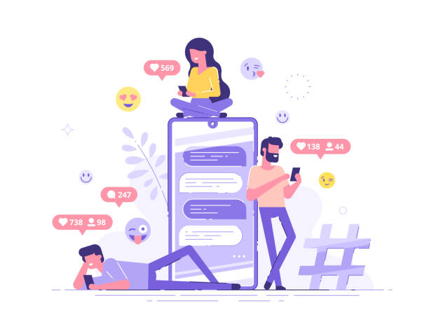 ilustrações de stock, clip art, desenhos animados e ícones de young people are standing near by a huge smartphone and using own smartphones with social media elements and emoji icons on the background. friends chatting and texting. vector illustration. - people cellphone