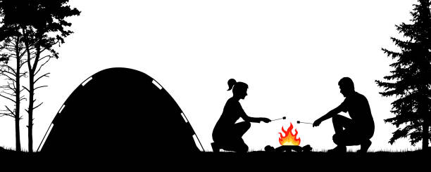 Young people camping in nature near the tent. Man and woman are frying marshmallows at the stake. Trekking in the forest. Silhouette vector illustration Young people camping in nature near the tent. Man and woman are frying marshmallows at the stake. Trekking in the forest. Silhouette vector illustration candy silhouettes stock illustrations