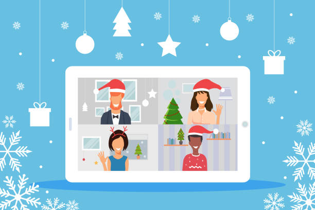 집에서 웹캠과 온라인 회의를 사용하여 크리스마스를 축하하는 젊은이들 - 화상 통화 이미지 stock illustrations