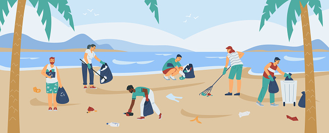 Young people clean up trash at sea beach or ocean coast a vector flat banner.