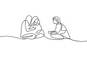 Friends rest and talking. Continuous line art drawing style. Minimalist black linear design isolated on white background. Vector illustration
