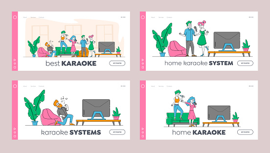 Young People Dancing and Singing Karaoke at Home Landing Page Template Set. Friends Company Characters Sing Song