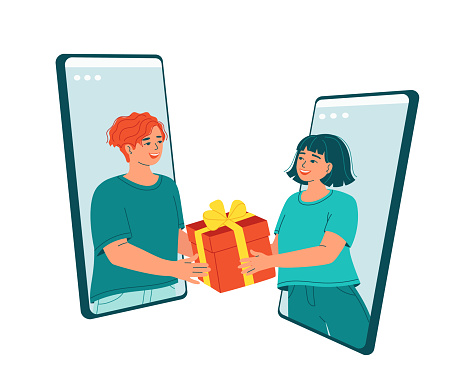 Young people give a gift to each other. Concept virtual gift for friends, lovers, online greetings for birthday, Christmas, holidays using an app on a smartphone. Remote delivery. Vector illustration