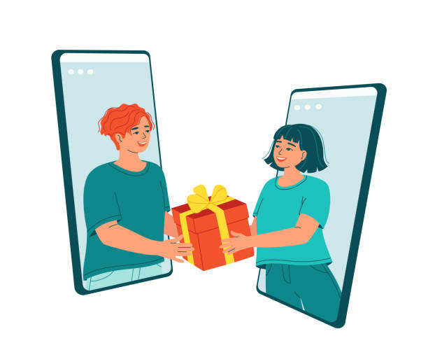 stockillustraties, clipart, cartoons en iconen met young people give a gift to each other. concept virtual gift for friends, lovers, online greetings for birthday, christmas, holidays using an app on a smartphone. remote delivery. vector illustration - cadeau geven
