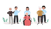 Young People Help to Elderly People Concept Vector Illustration. Flat Modern Design for Web Page, Banner, Presentation etc.