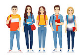 Young people in casual clothes with backbackpacks and books. Beautiful smiling students standing isolated vector illustration