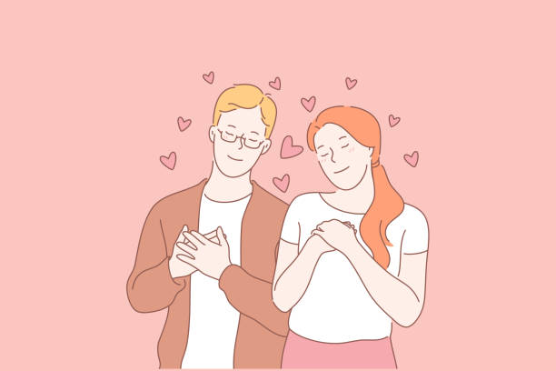 Young people in love, positive emotion concept Young people in love, positive emotion concept. Tenderness and fondness, cuddle, embrace, romantic atmosphere, dreaming boy and girl, date waiting, warm feelings. Simple flat vector love emotion stock illustrations