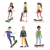Young people in the skate park skateboarding set. Teenager have fun. Extreme sport and active lifestyle. Vector flat illustration