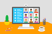 Teleconference concept. Flat vector illustration. Group of young people chatting via video call. Workers stay home and communicate online by computer. Business team talk to each other in group chat