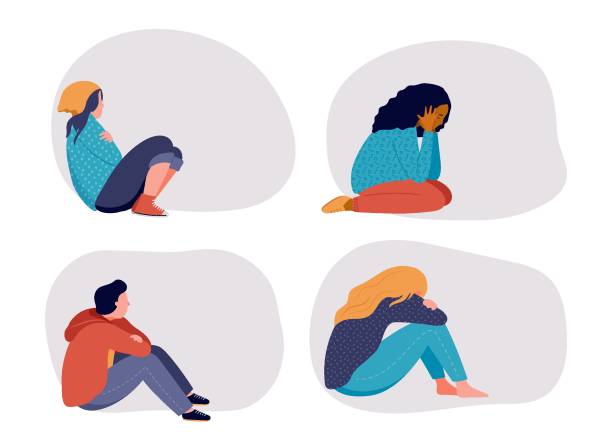 청소년, 청소년, 심리적 질환, 불안으로 고통. 창이나 벽에 의해 슬픈 앉아 여자와 소년 - 정신 건강 stock illustrations