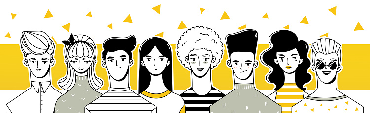 Young people (men and women). Image with a group of people. Drawing people in retro style.