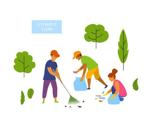 young people volunteers cleaning up the park isolated vector graphic scene.