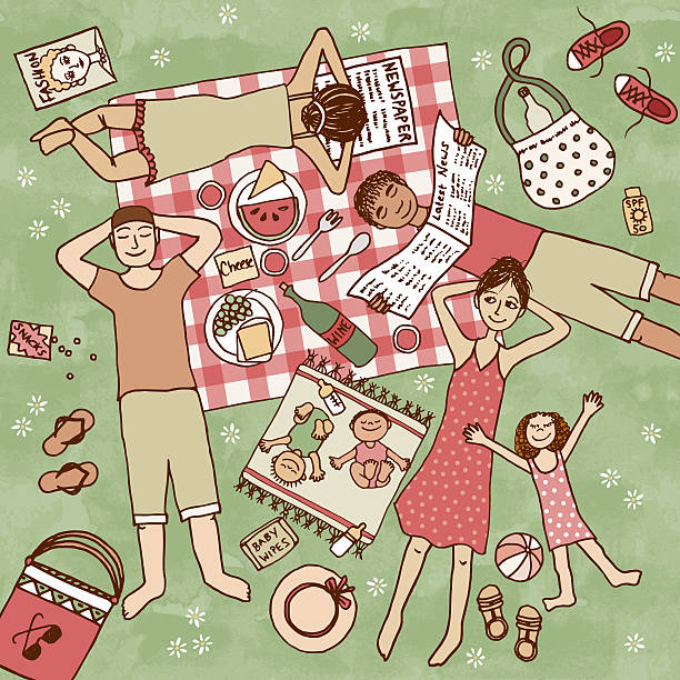 Young people with their kids lying in the park Illustration of a group of young people with their kids lying in the park having picnic drawing of family picnic stock illustrations