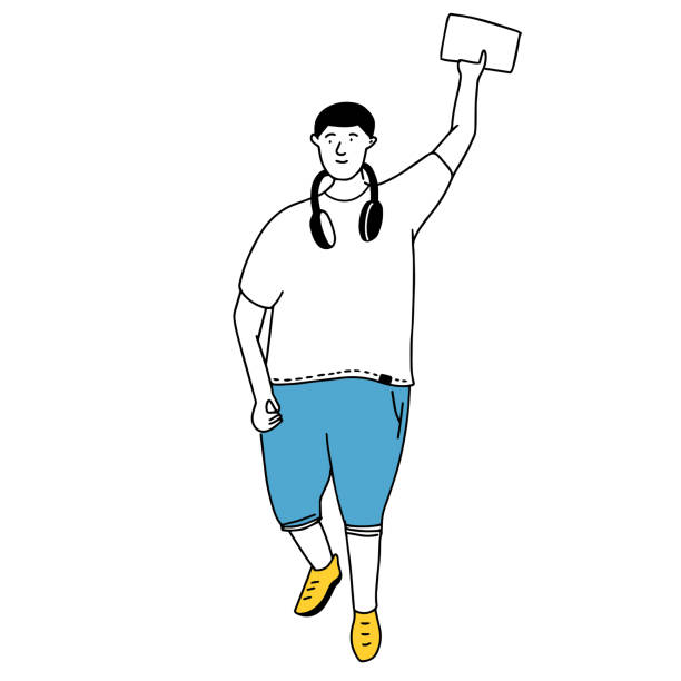 Young plus size man waving hand. Simple line drawing of boy in white tee and blue shorts. Happy student vector illustration Young plus size man waving hand. Simple line drawing of boy in white tee and blue shorts. Happy student vector illustration. tall boy stock illustrations