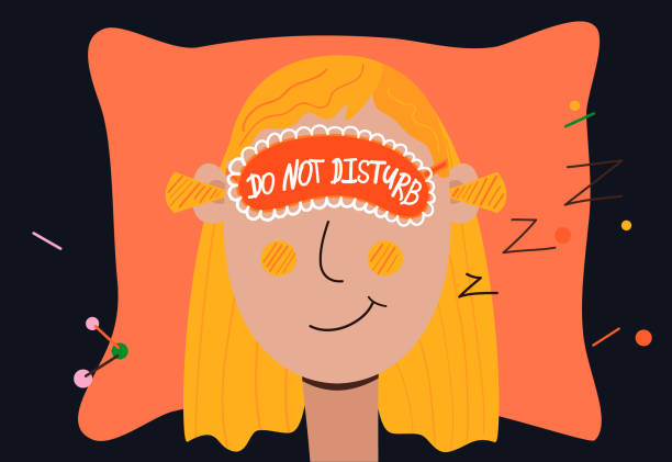 ilustrações de stock, clip art, desenhos animados e ícones de young pretty girl sleeping with mask on her eyes and ear plugs. cartoon character of tired woman, dreams in blindfold. text lettering do not disturb. woman rest and health concept. spa beauty salon - woman sleeping ear plugs