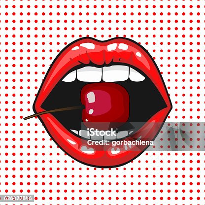 istock Young pretty woman lips portrait biting cherry. Pop art 626422846